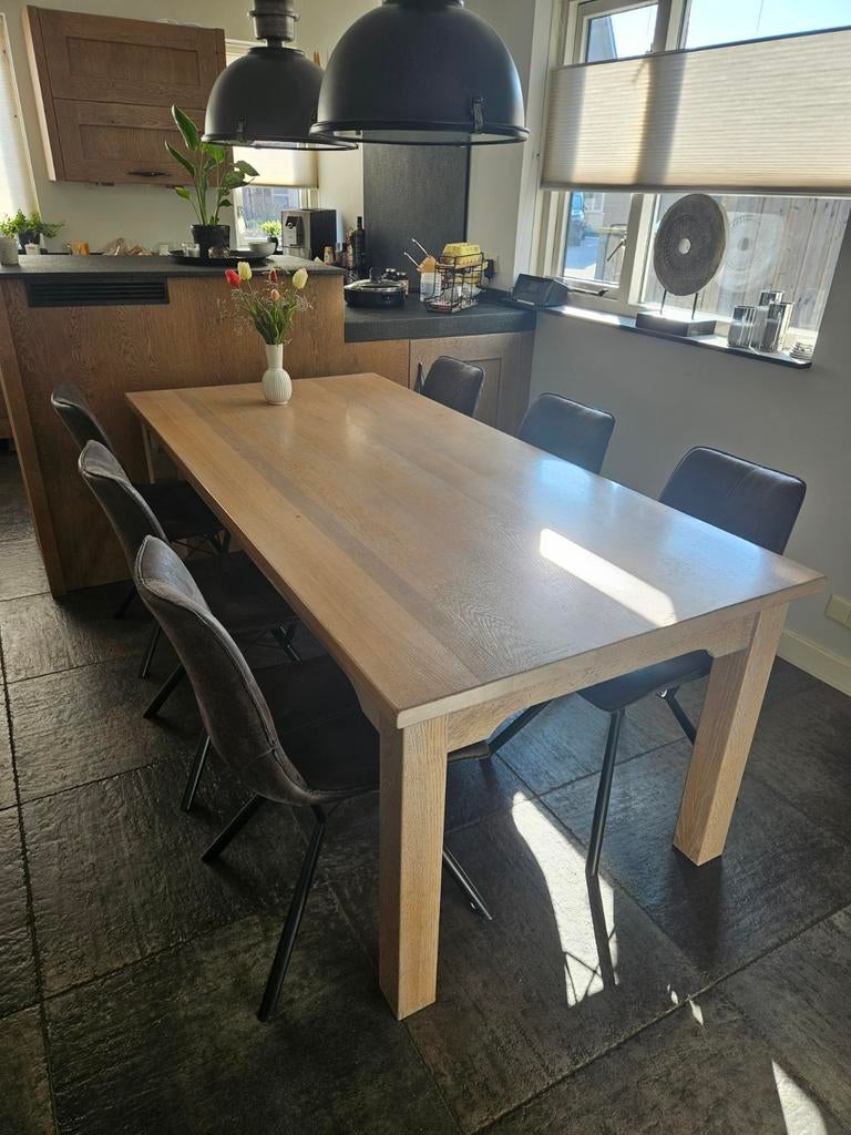 Eikenhouten tafel met 6 stoelen, Ophalen, Rechthoekig, 200 cm of meer, 50 tot 100 cm