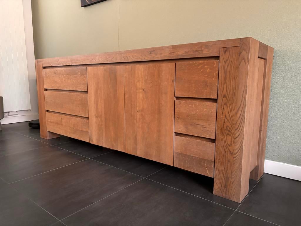 Dressoir 220cm gestoomd massief eiken, Ophalen, Eikenhout, Zo goed als nieuw, 200 cm of meer