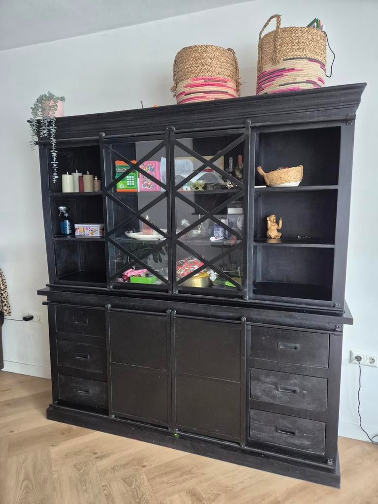 Zwarte massieve mangohouten buffetkast, Huis en Inrichting, Kasten | Buffetkasten, Ophalen, Gebruikt, 200 cm of meer, 150 tot 200 cm