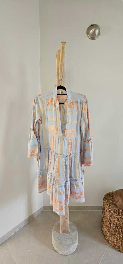 Ibiza jurk one size lichtblauw oranje goud luchtige katoen, Kleding | Dames, Jurken, Maat 38/40 (M), Blauw, Ophalen of Verzenden
