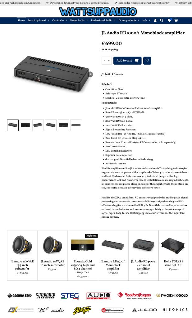 JL Audio RD1000/1 Monoblok versterker 1000WRMS, Auto diversen, Autospeakers, Hifi-Focus, Aalsmeerderweg 173 1432 CL, Aalsmeer