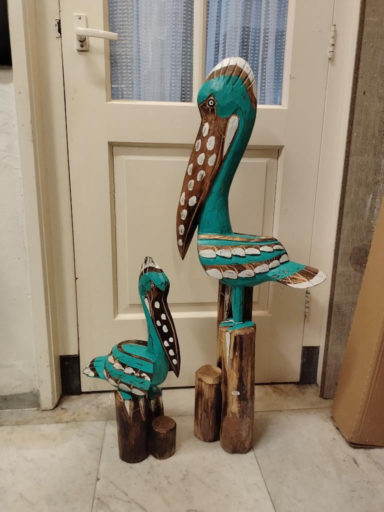 Houten pelikaan op paal - XL - Balinees, Handgemaakt, Beeld, Hout, Vogel