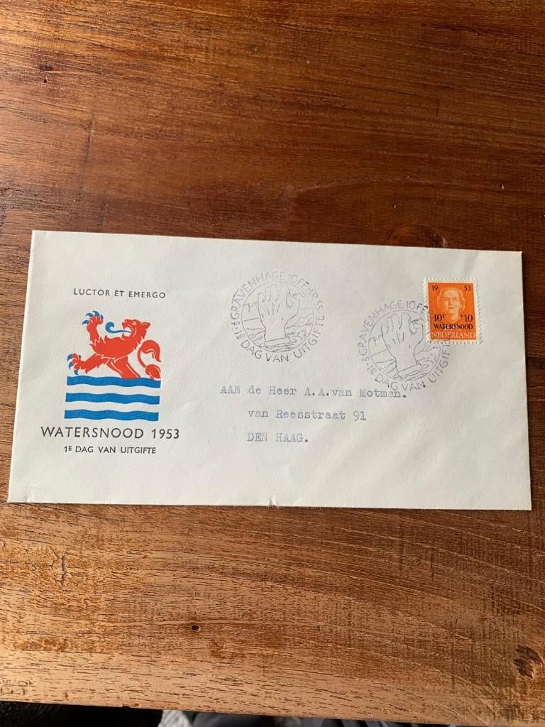 1e dag envelop Watersnood 1953, Ophalen of Verzenden, Gestempeld