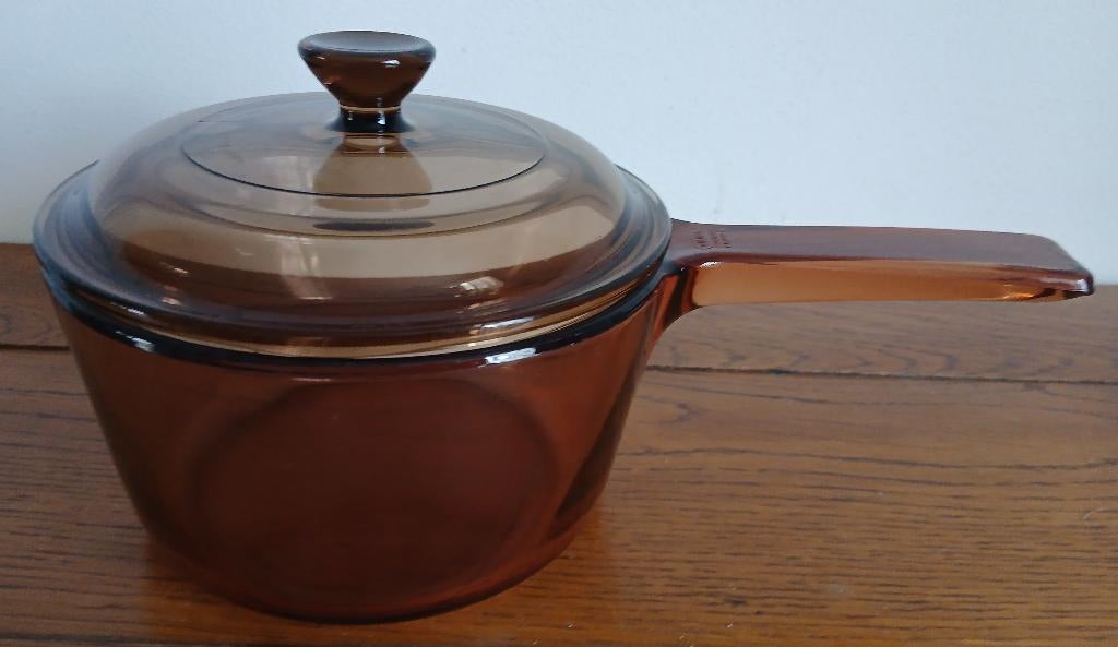 Corning Visions steelpan met deksel, amberkleurig pyrex-glas, Ophalen of Verzenden, Zo goed als nieuw, Glas, Kookpan of Snelkookpan