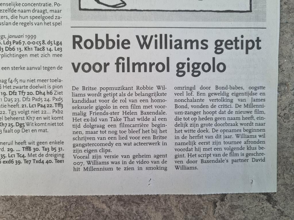 Robbie William getipt als gigolo in film (1999), Verzamelen, Ophalen of Verzenden, 1980 tot heden, Knipsel(s)