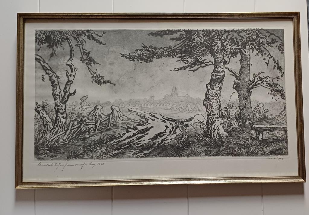 Ets van Toon de Jong - Basiliek St Jan 1948, Antiek en Kunst, Kunst | Etsen en Gravures, Ophalen of Verzenden