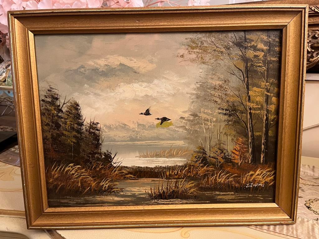 Olieverf landschap schilderij met eenden, Ophalen of Verzenden
