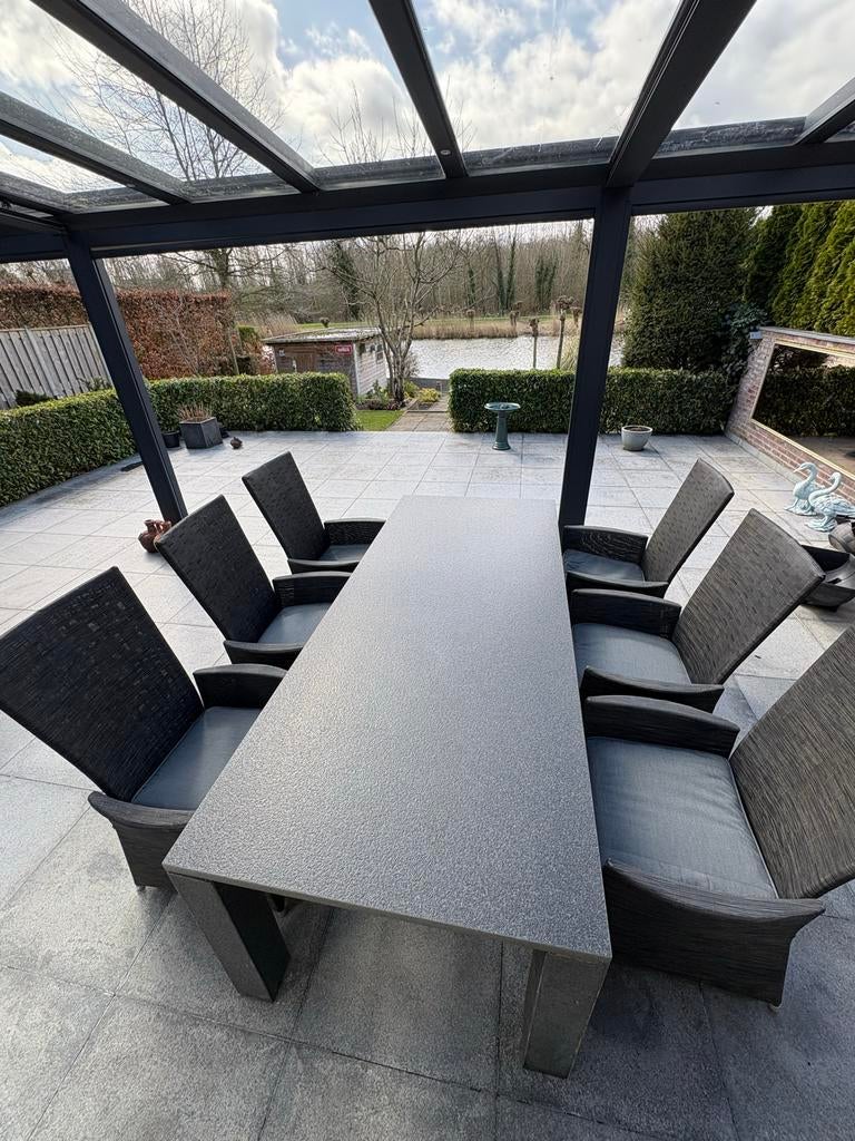 Granieten tuintafel met 6 verstelbare stoelen, Tuin en Terras, Tuintafels, Ophalen, Gebruikt, Rechthoekig, Overige materialen