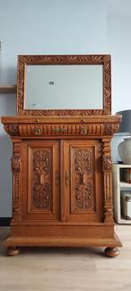 Antiek halkastje met spiegel, rijk bewerkt eikenhout, Ophalen