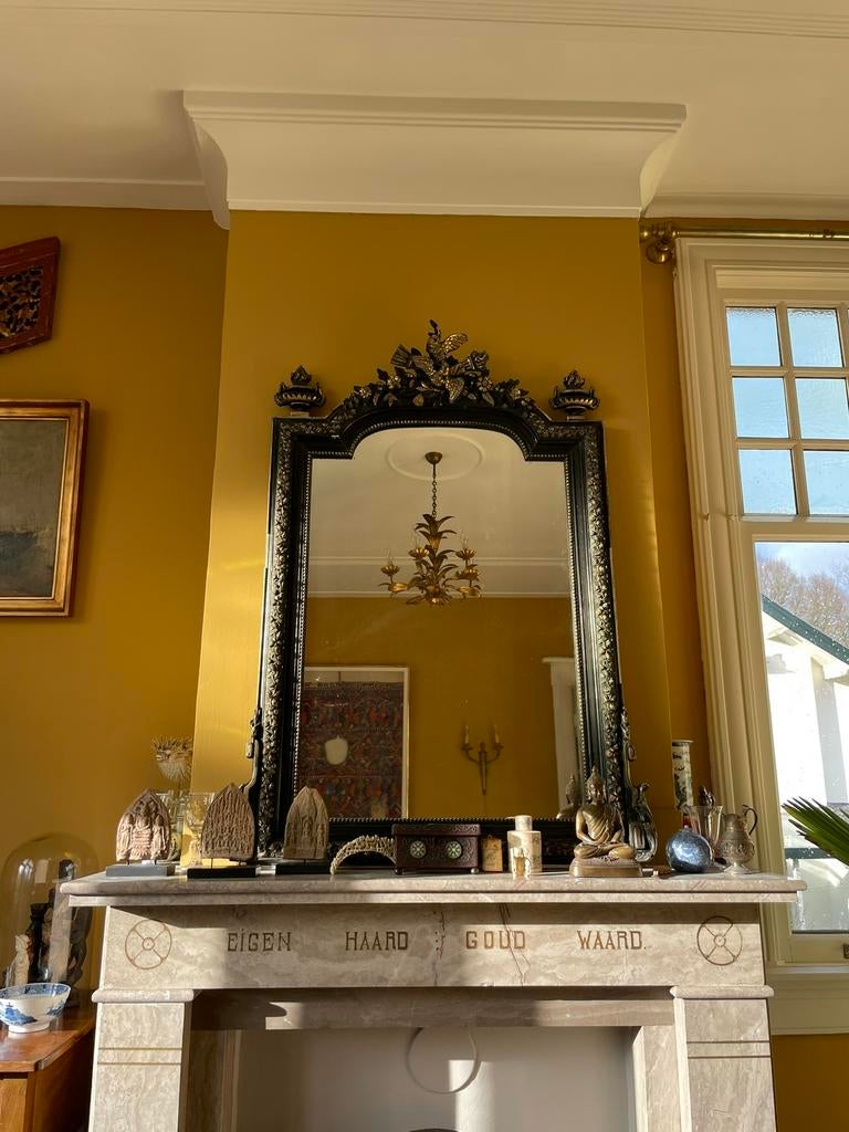 Antieke franse spiegel met vogel ornament, Ophalen, Rechthoekig, 50 tot 100 cm, 100 tot 150 cm