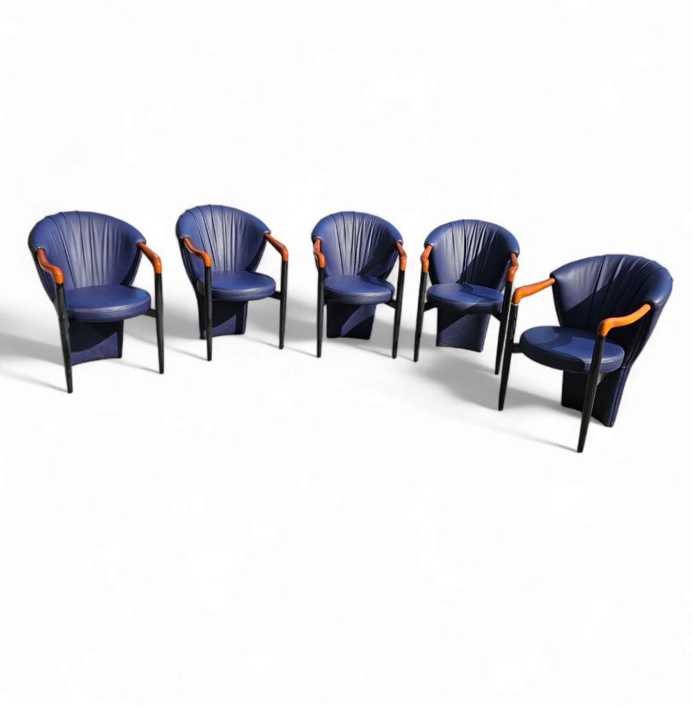 6 x design vintage Costantini arm chair / dark blue leather, Ophalen, Gebruikt, Blauw, Postmodern