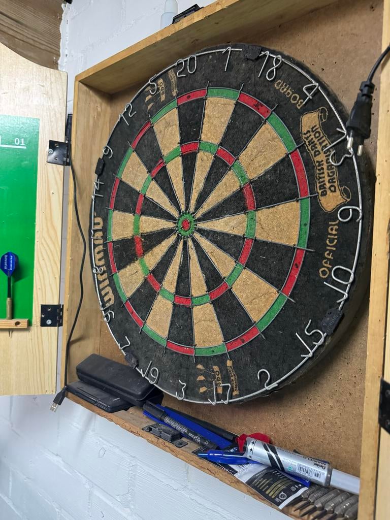 Dartbord met houten kast, Ophalen of Verzenden, Gebruikt, Dartbord