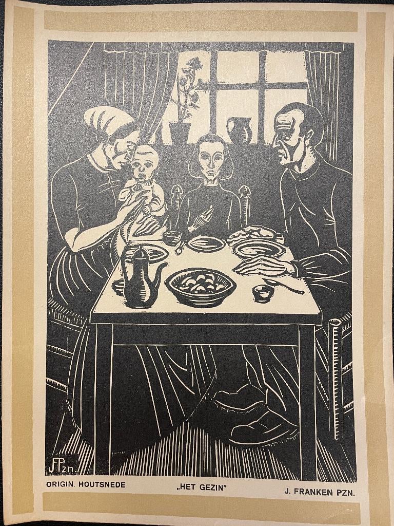 J. Francken Pzn. (1896-1977) Houtsnede 'Het gezin', Antiek en Kunst, Kunst | Etsen en Gravures, Met monogram, Dagelijks leven