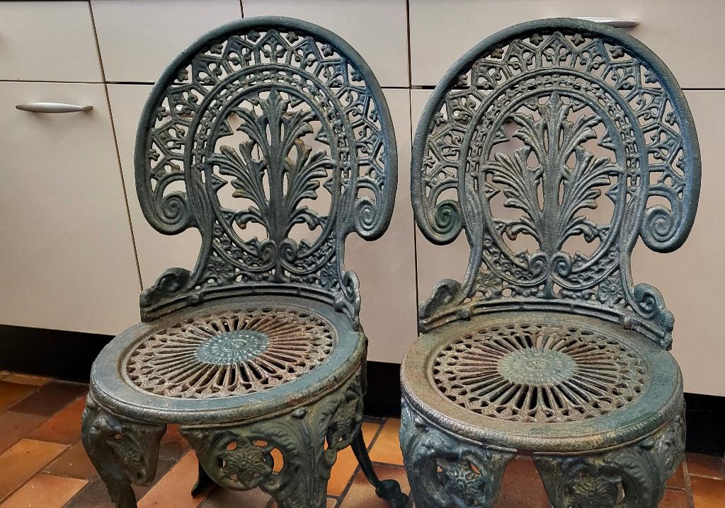 French Victorian Antique Cast Iron Garden Chairs - stoelen, Ophalen, Gebruikt