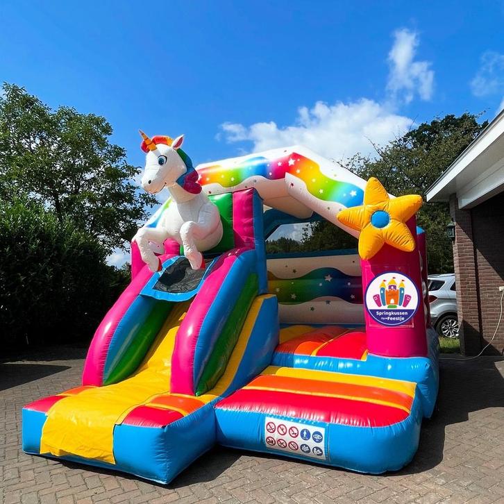 Unicorn springkussen te huur / Makkelijk en snel, Hobby en Vrije tijd, Feestartikelen | Verhuur, Zo goed als nieuw, Verjaardag