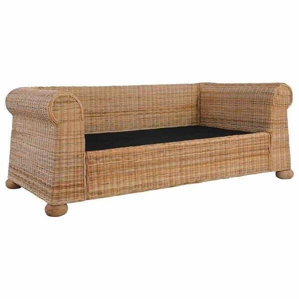 Rotan 2-zitsbank met okergele kussens, Huis en Inrichting, Banken | Sofa's en Chaises Longues, Zo goed als nieuw, Tweepersoons