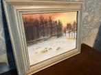 Vintage Schilderij Winterlandschap met Schaapjes, Zonsonderg, Antiek en Kunst, Ophalen of Verzenden