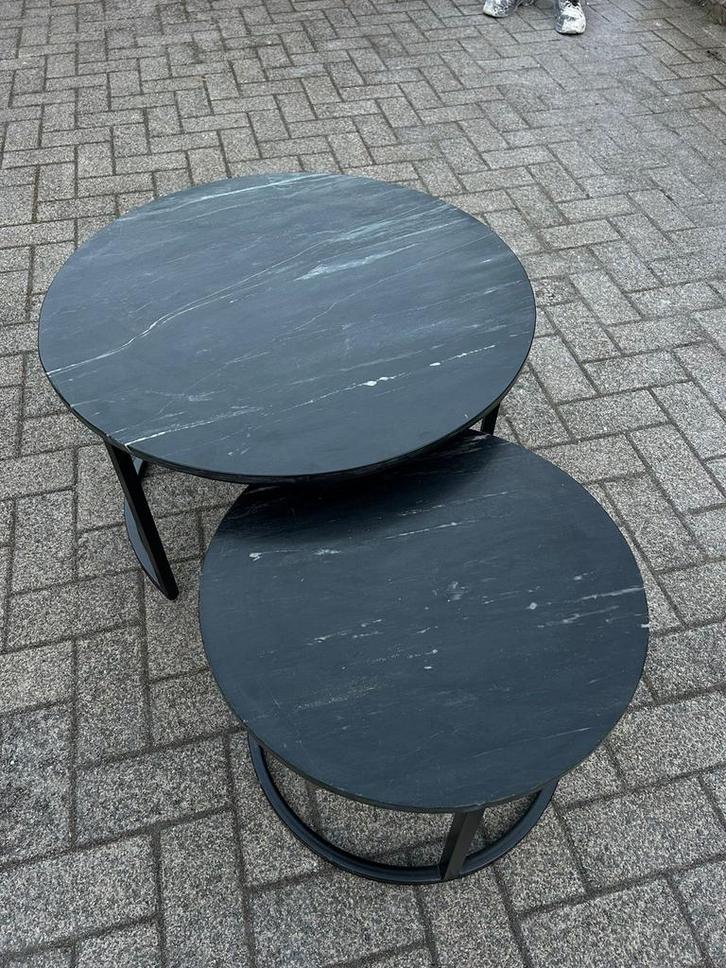 Bijzettafel/Set - Zwart Metaal frame met stenenblad, Huis en Inrichting, Tafels | Salontafels, Zo goed als nieuw, Minder dan 50 cm