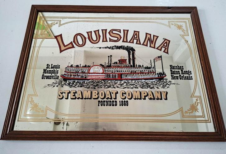 grote vintage spiegel pubspiegel Louisiana Steamboat Company, Antiek en Kunst, Antiek | Spiegels, 50 tot 100 cm, Minder dan 100 cm