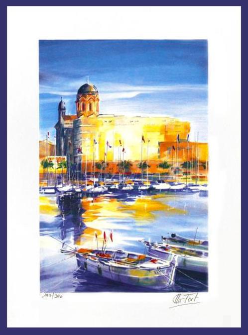 Ella Fort Litho " Port Mer Méditerranée " Kleurig Uniek, Antiek en Kunst, Kunst | Litho's en Zeefdrukken, Ophalen of Verzenden