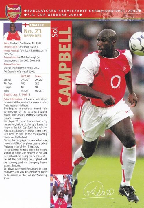 Sol Campbell Arsenal Londen 2001-2002 echte Arsenal card, Verzamelen, Sportartikelen en Voetbal, Zo goed als nieuw, Poster, Plaatje of Sticker