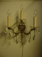 3 Armige Oude Brocante Messing Kristalglazen Wandlamp, Ophalen of Verzenden