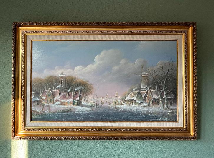Mooi schilderij winterlandschap op paneel. Thomas Heesakkers, Antiek en Kunst, Kunst | Schilderijen | Klassiek, Ophalen of Verzenden