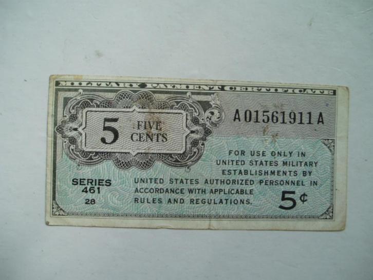 1179. Amerika, MPC 5 cents (1946-1947) series 461., Postzegels en Munten, Bankbiljetten | Amerika, Los biljet, Noord-Amerika, Verzenden