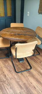 eet set 4 stoelen en ronde echt houten tafel op bolpoot 100, Ophalen, Gebruikt