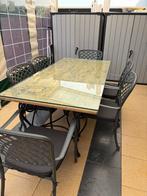 Tuinset: Tafel glas/gietijzer + 6 stoelen, Tuin en Terras, Tuinsets en Loungesets, Ophalen, Gebruikt, Eettafel, 6 zitplaatsen