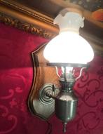 Brocante wandlamp / olielamp elektrisch - tin met hout, Huis en Inrichting, Lampen | Wandlampen, Gebruikt, Ophalen of Verzenden