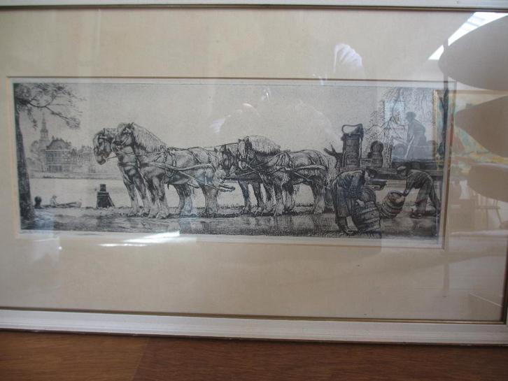 Willem Gerard Hofker ets Bierwagen langs de Amstel, Antiek en Kunst, Kunst | Etsen en Gravures, Ophalen of Verzenden