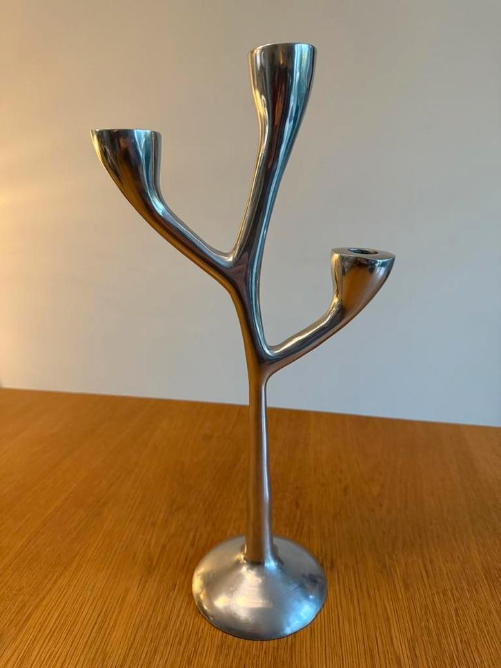 Vintage organisch gevormde kandelaar - Deens jaren 70 design, Antiek en Kunst, Antiek | Kandelaars, Zilver, Ophalen of Verzenden