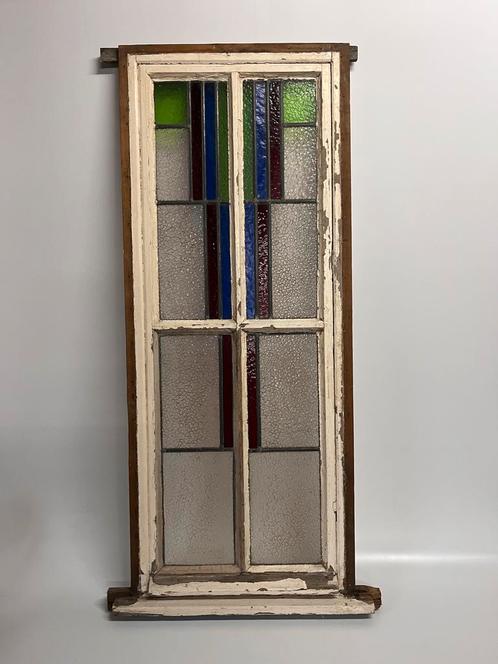 Prachtig glas in lood raam helder en gekleurd glas, Antiek en Kunst, Curiosa en Brocante, Ophalen of Verzenden
