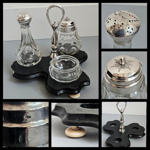 Antiek zilver,  kristallen tafelset op houten basement, Antiek en Kunst, Antiek | Goud en Zilver, Zilver, Ophalen of Verzenden