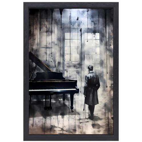 Piano zwart wit canvas + baklijst 60x90cm, Huis en Inrichting, Woonaccessoires | Schilderijen, Tekeningen en Foto's, Nieuw, Print