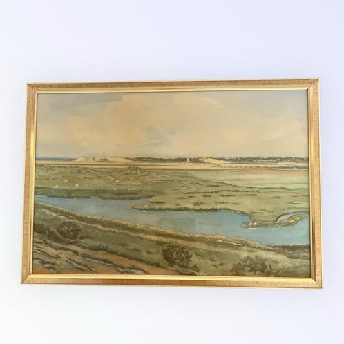 Souwtje de Wijn - Texel Aquarel de  Slufter 1958, Antiek en Kunst, Kunst | Schilderijen | Klassiek, Ophalen of Verzenden