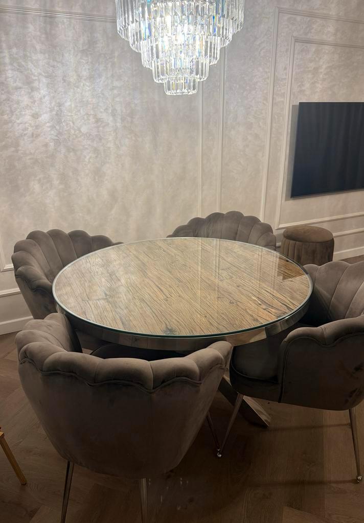 4x Velvet Taupe Eetkamerstoelen, Huis en Inrichting, Stoelen, Gebruikt, Vier, Stof, Bruin, Ophalen