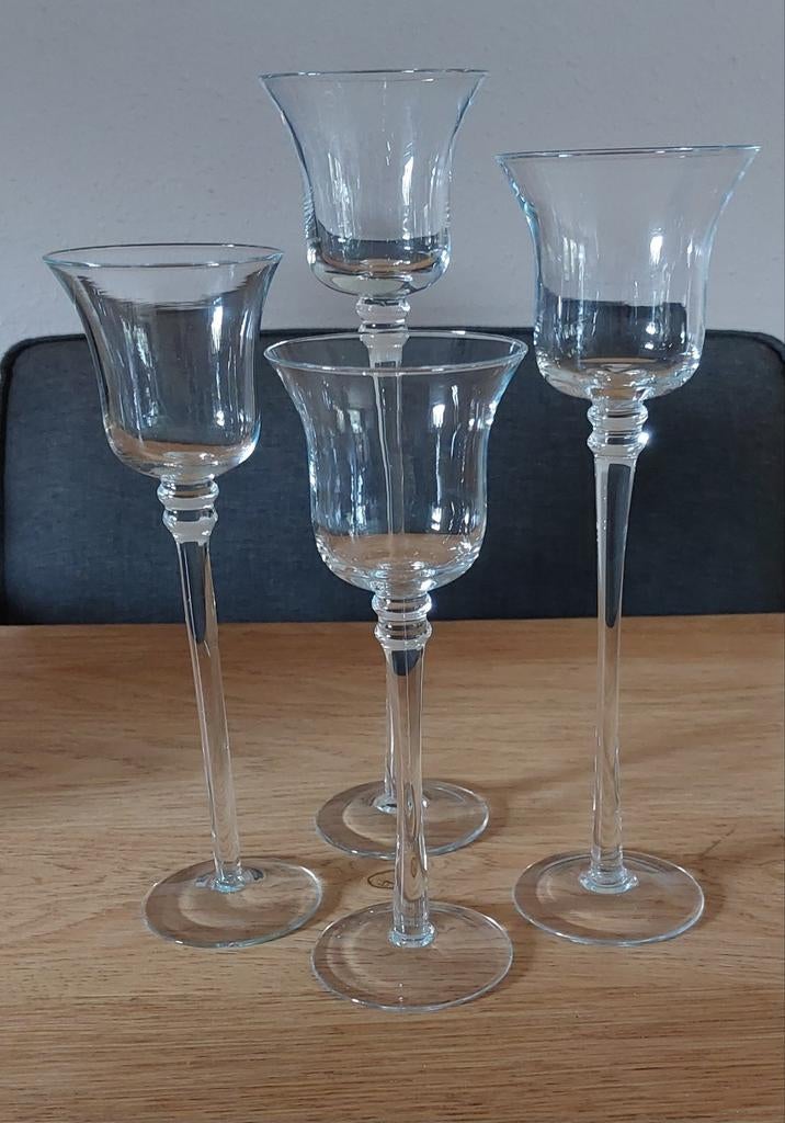 Set van 4 glazen waxinelichthouders op voet, Ophalen, Overige materialen, 25 tot 50 cm, Zo goed als nieuw