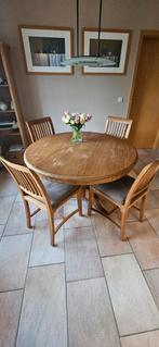Teakhouten eettafel rond met 4 of 6 stoelen, Huis en Inrichting, Ophalen, Zo goed als nieuw, 4 tot 6 stoelen