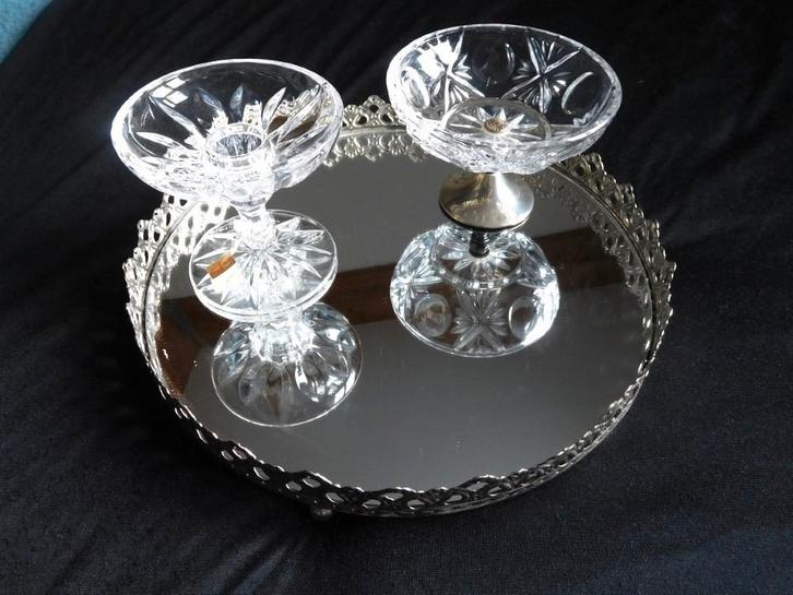 Vintage Spiegel Dienblad met Kristallen kaarshouder en, Antiek en Kunst, Curiosa en Brocante, Ophalen