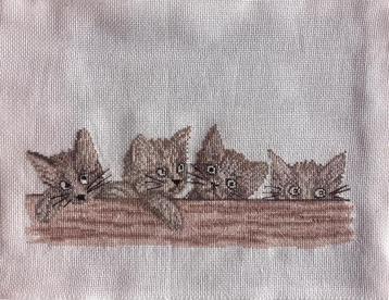 Borduurwerk, zijde, kat, poes, kitten, vintage beschikbaar voor biedingen