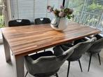Zware tafel tropisch hardhout met RVS poten,, Gebruikt, 100 tot 150 cm, Teakhout, 200 cm of meer