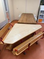 Driehoekige tafel + bankjes op wielen, Huis en Inrichting, Tafels | Eettafels, Ophalen of Verzenden, Gebruikt, Rechthoekig, 50 tot 100 cm