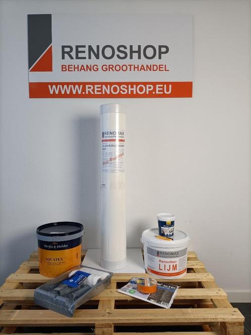 50m2 glasvezel 200 grams met lijm, latex en benodigdheden, Huis en Inrichting, Stoffering | Behang, Wit, 75 m² of meer, Ophalen