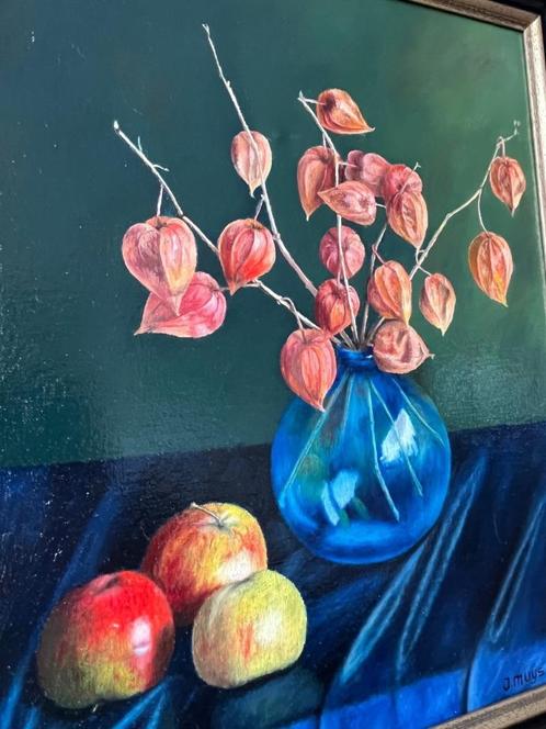 Jan Muijs, stilleven met appels en lampion bloemen in vaas, Antiek en Kunst, Kunst | Schilderijen | Klassiek, Ophalen