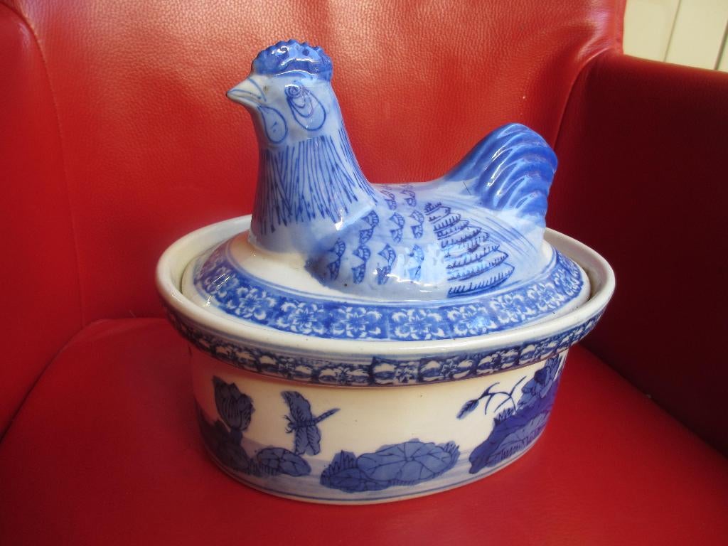 oude Terrine als kip porcelein geinig 24cm deksel schaal, Antiek en Kunst, Ophalen of Verzenden