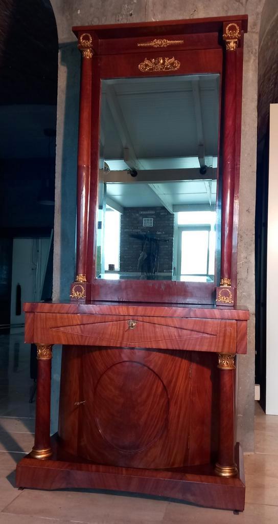 Antieke mahoniehouten Empire trumeau met spiegel, Antiek en Kunst, Antiek | Meubels | Kasten, Ophalen