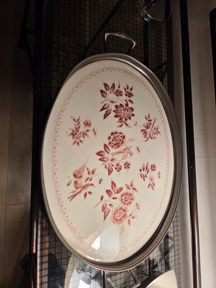 Antieke Kurz Edeltin Serveerschaal Delfts Blauw, Huis en Inrichting, Woonaccessoires | Dienbladen, Gebruikt, Metaal, Ovaal, Ophalen of Verzenden