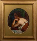 Jonge vrouw aan de toilettafel, olieverf op board., Antiek en Kunst, Kunst | Schilderijen | Klassiek, Ophalen of Verzenden
